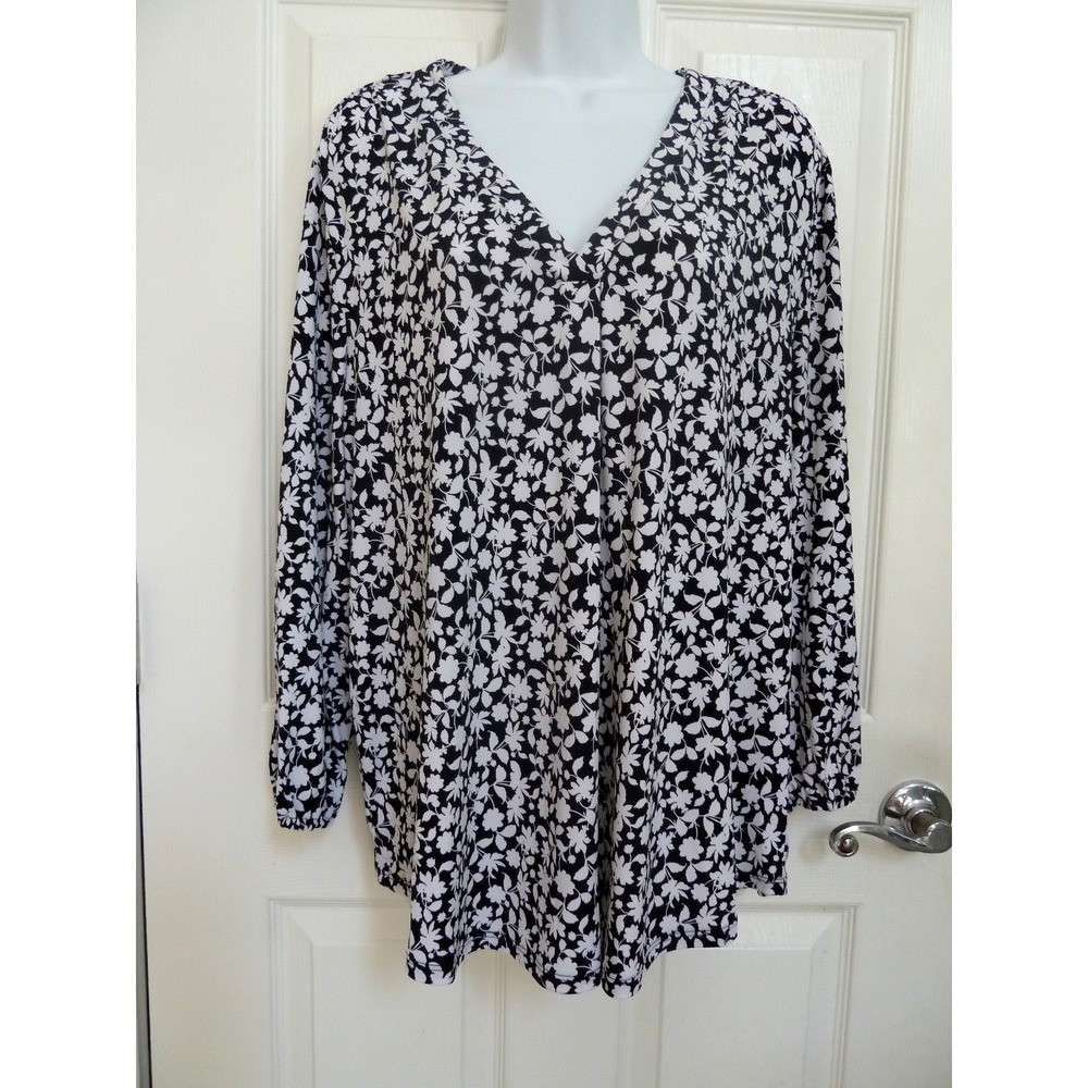 Chaus Blouse XL Black White Floral V-Neck Pleated Puff Sleeve Pullover Top